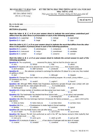 Đề thi chính thức THPT Quốc gia môn Tiếng Anh - Mã đề: 931 - Năm học 2015 (Có đáp án)