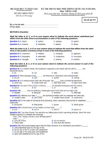 Đề thi chính thức THPT Quốc gia môn Tiếng Anh - Mã đề: 975 - Năm học 2016 (Có đáp án)