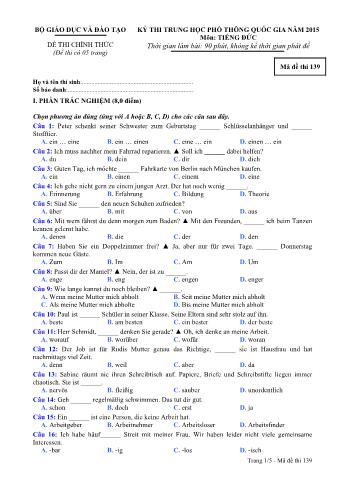 Đề thi chính thức THPT Quốc gia môn Tiếng Đức - Mã đề: 139 - Năm học 2015 (Có đáp án)