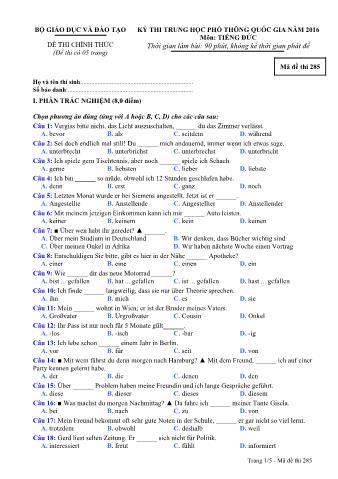 Đề thi chính thức THPT Quốc gia môn Tiếng Đức - Mã đề: 285 - Năm học 2016 (Có đáp án)