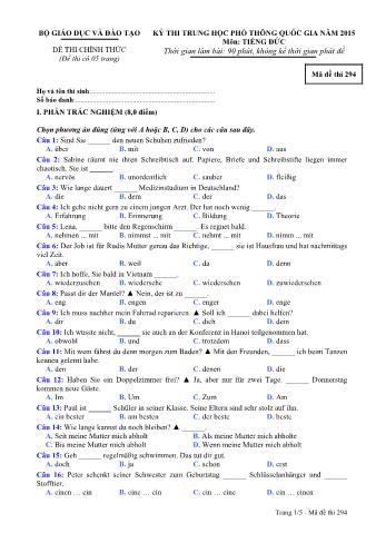 Đề thi chính thức THPT Quốc gia môn Tiếng Đức - Mã đề: 294 - Năm học 2015 (Có đáp án)