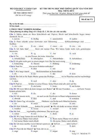 Đề thi chính thức THPT Quốc gia môn Tiếng Đức - Mã đề: 371 - Năm học 2015 (Có đáp án)