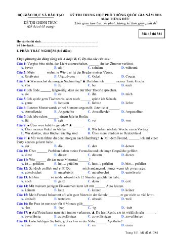 Đề thi chính thức THPT Quốc gia môn Tiếng Đức - Mã đề: 384 - Năm học 2016 (Có đáp án)