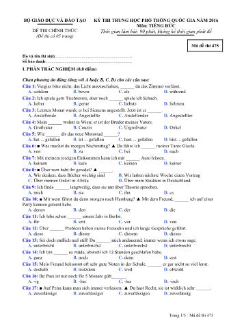 Đề thi chính thức THPT Quốc gia môn Tiếng Đức - Mã đề: 475 - Năm học 2016 (Có đáp án)