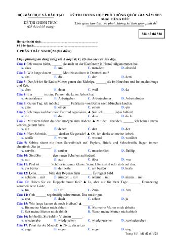 Đề thi chính thức THPT Quốc gia môn Tiếng Đức - Mã đề: 528 - Năm học 2015 (Có đáp án)