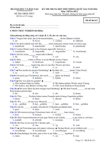 Đề thi chính thức THPT Quốc gia môn Tiếng Đức - Mã đề: 613 - Năm học 2016 (Có đáp án)
