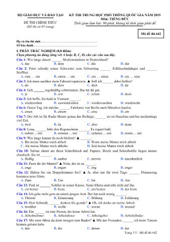 Đề thi chính thức THPT Quốc gia môn Tiếng Đức - Mã đề: 642 - Năm học 2015 (Có đáp án)