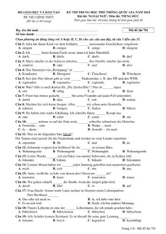 Đề thi chính thức THPT Quốc gia môn Tiếng Đức - Mã đề: 701 - Năm học 2018 (Có đáp án)
