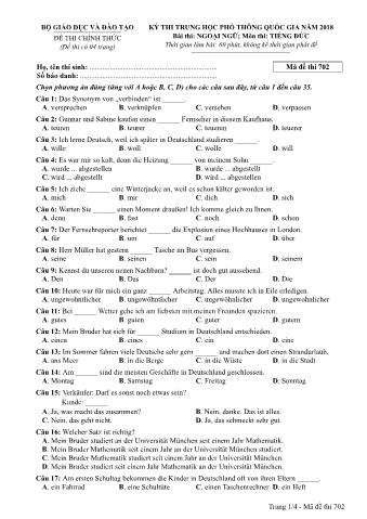 Đề thi chính thức THPT Quốc gia môn Tiếng Đức - Mã đề: 702 - Năm học 2018 (Có đáp án)