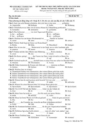 Đề thi chính thức THPT Quốc gia môn Tiếng Đức - Mã đề: 703 - Năm học 2018 (Có đáp án)