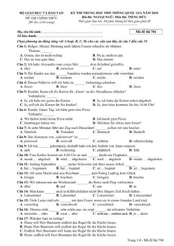 Đề thi chính thức THPT Quốc gia môn Tiếng Đức - Mã đề: 704 - Năm học 2018 (Có đáp án)