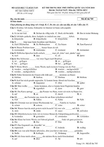 Đề thi chính thức THPT Quốc gia môn Tiếng Đức - Mã đề: 705 - Năm học 2018 (Có đáp án)