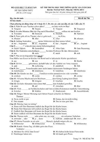 Đề thi chính thức THPT Quốc gia môn Tiếng Đức - Mã đề: 706 - Năm học 2018 (Có đáp án)