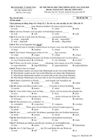 Đề thi chính thức THPT Quốc gia môn Tiếng Đức - Mã đề: 708 - Năm học 2018 (Có đáp án)