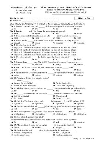 Đề thi chính thức THPT Quốc gia môn Tiếng Đức - Mã đề: 709 - Năm học 2018 (Có đáp án)