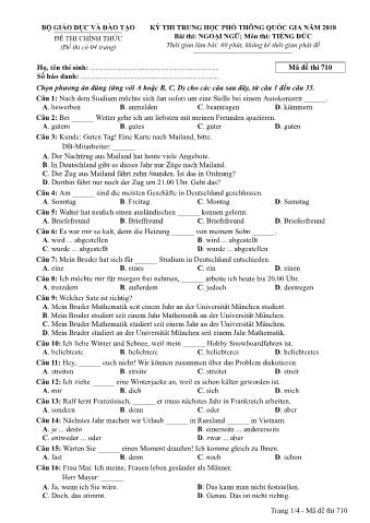 Đề thi chính thức THPT Quốc gia môn Tiếng Đức - Mã đề: 710 - Năm học 2018 (Có đáp án)