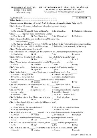 Đề thi chính thức THPT Quốc gia môn Tiếng Đức - Mã đề: 711 - Năm học 2018 (Có đáp án)