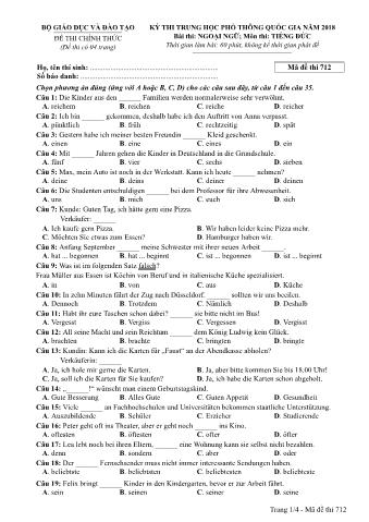 Đề thi chính thức THPT Quốc gia môn Tiếng Đức - Mã đề: 712 - Năm học 2018 (Có đáp án)