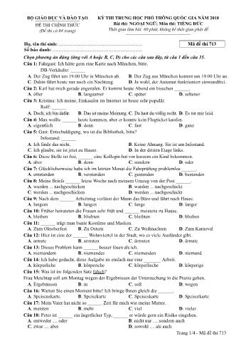Đề thi chính thức THPT Quốc gia môn Tiếng Đức - Mã đề: 713 - Năm học 2018 (Có đáp án)