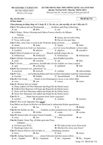 Đề thi chính thức THPT Quốc gia môn Tiếng Đức - Mã đề: 714 - Năm học 2018 (Có đáp án)