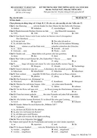 Đề thi chính thức THPT Quốc gia môn Tiếng Đức - Mã đề: 715 - Năm học 2018 (Có đáp án)