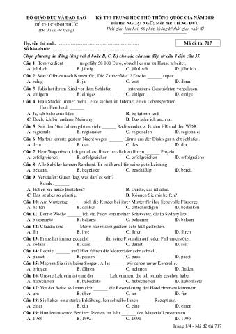 Đề thi chính thức THPT Quốc gia môn Tiếng Đức - Mã đề: 717 - Năm học 2018 (Có đáp án)