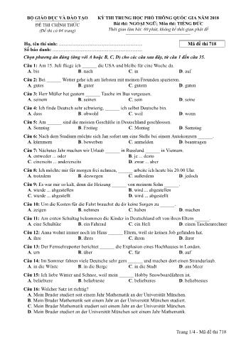 Đề thi chính thức THPT Quốc gia môn Tiếng Đức - Mã đề: 718 - Năm học 2018 (Có đáp án)