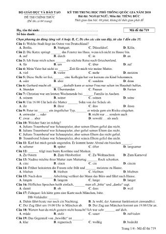 Đề thi chính thức THPT Quốc gia môn Tiếng Đức - Mã đề: 719 - Năm học 2018 (Có đáp án)