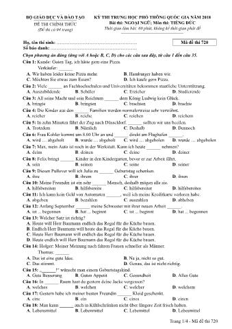 Đề thi chính thức THPT Quốc gia môn Tiếng Đức - Mã đề: 720 - Năm học 2018 (Có đáp án)