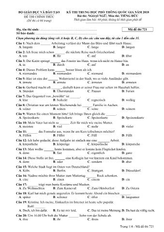 Đề thi chính thức THPT Quốc gia môn Tiếng Đức - Mã đề: 721 - Năm học 2018 (Có đáp án)