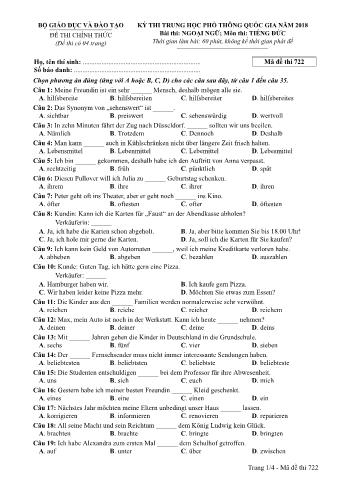 Đề thi chính thức THPT Quốc gia môn Tiếng Đức - Mã đề: 722 - Năm học 2018 (Có đáp án)