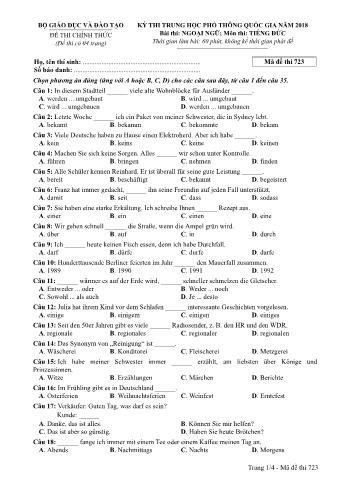 Đề thi chính thức THPT Quốc gia môn Tiếng Đức - Mã đề: 723 - Năm học 2018 (Có đáp án)