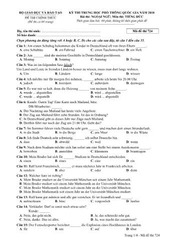 Đề thi chính thức THPT Quốc gia môn Tiếng Đức - Mã đề: 724 - Năm học 2018 (Có đáp án)