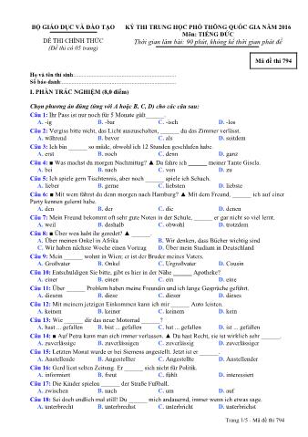 Đề thi chính thức THPT Quốc gia môn Tiếng Đức - Mã đề: 794 - Năm học 2016 (Có đáp án)