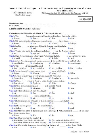 Đề thi chính thức THPT Quốc gia môn Tiếng Đức - Mã đề: 817 - Năm học 2016 (Có đáp án)