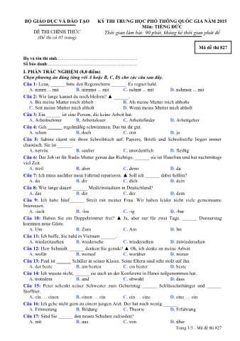 Đề thi chính thức THPT Quốc gia môn Tiếng Đức - Mã đề: 827 - Năm học 2015 (Có đáp án)