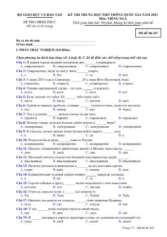 Đề thi chính thức THPT Quốc gia môn Tiếng Nga - Mã đề: 247 - Năm học 2015 (Có đáp án)