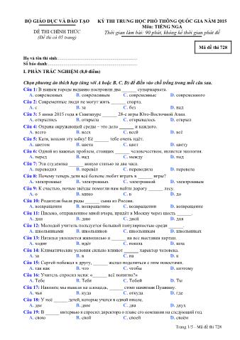 Đề thi chính thức THPT Quốc gia môn Tiếng Nga - Mã đề: 728 - Năm học 2015 (Có đáp án)