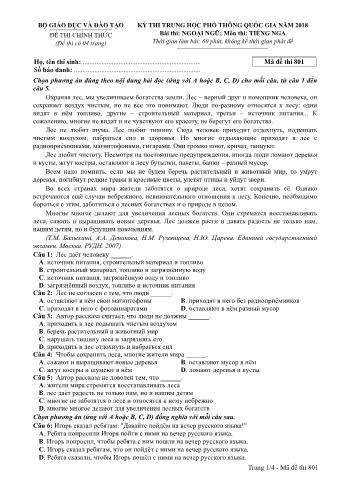 Đề thi chính thức THPT Quốc gia môn Tiếng Nga - Mã đề: 801 - Năm học 2018 (Có đáp án)