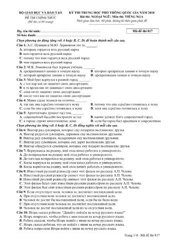 Đề thi chính thức THPT Quốc gia môn Tiếng Nga - Mã đề: 817 - Năm học 2018 (Có đáp án)