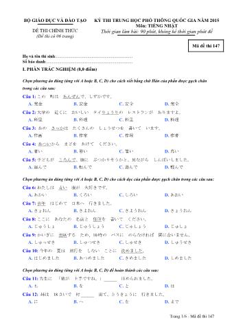 Đề thi chính thức THPT Quốc gia môn Tiếng Nhật - Mã đề: 147 - Năm học 2015 (Có đáp án)