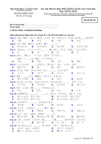 Đề thi chính thức THPT Quốc gia môn Tiếng Nhật - Mã đề: 195 - Năm học 2016 (Có đáp án)