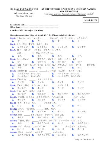 Đề thi chính thức THPT Quốc gia môn Tiếng Nhật - Mã đề: 274 - Năm học 2016 (Có đáp án)