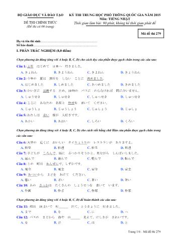 Đề thi chính thức THPT Quốc gia môn Tiếng Nhật - Mã đề: 279 - Năm học 2015 (Có đáp án)