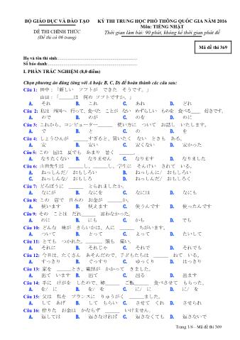 Đề thi chính thức THPT Quốc gia môn Tiếng Nhật - Mã đề: 369 - Năm học 2016 (Có đáp án)
