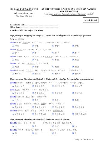 Đề thi chính thức THPT Quốc gia môn Tiếng Nhật - Mã đề: 385 - Năm học 2015 (Có đáp án)
