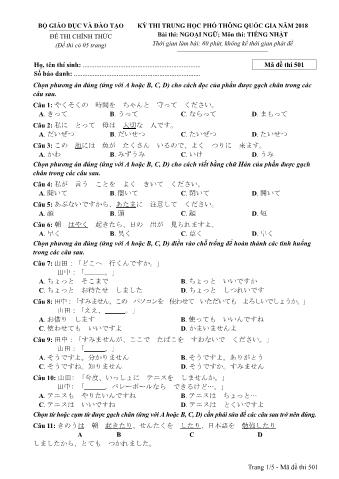 Đề thi chính thức THPT Quốc gia môn Tiếng Nhật - Mã đề: 501 - Năm học 2018 (Có đáp án)