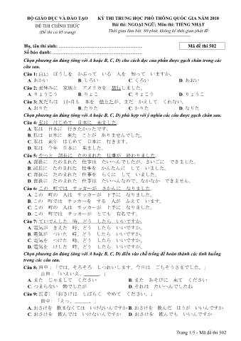 Đề thi chính thức THPT Quốc gia môn Tiếng Nhật - Mã đề: 502 - Năm học 2018 (Có đáp án)