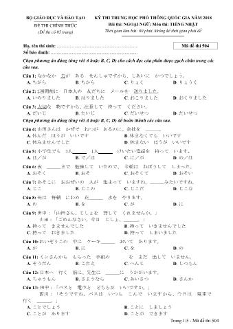 Đề thi chính thức THPT Quốc gia môn Tiếng Nhật - Mã đề: 504 - Năm học 2018 (Có đáp án)