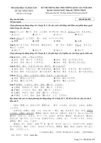 Đề thi chính thức THPT Quốc gia môn Tiếng Nhật - Mã đề: 505 - Năm học 2018 (Có đáp án)